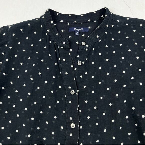Madewell Black White Polka Dot Shirred 3/4 Sleeve Popover Peasant Blouse Medium - Picture 4 of 9